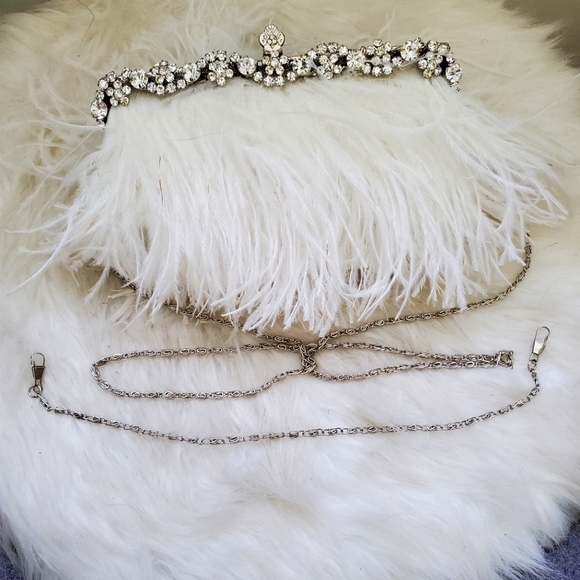 Handbags - EUC Ostrich Feather Pouch, White w/Rhinestones